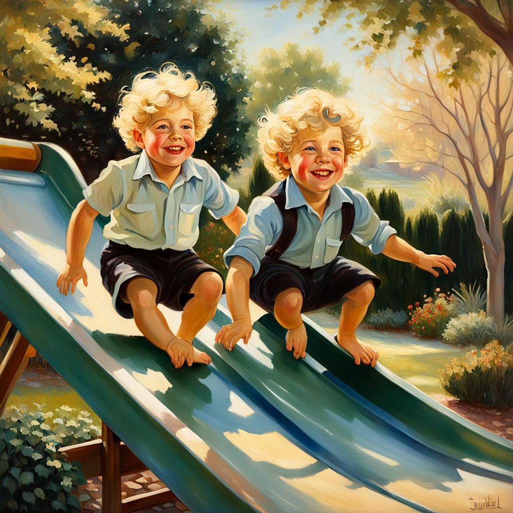 Brothers on a Slide as Oil Painting