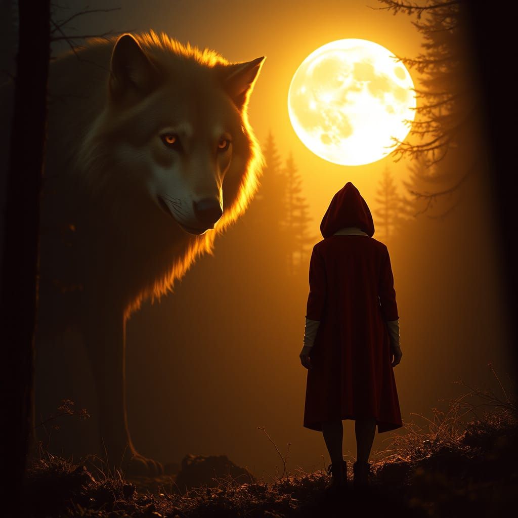 Little Red Riding Hood in Moonlit Forest, a Cinematic Film S...