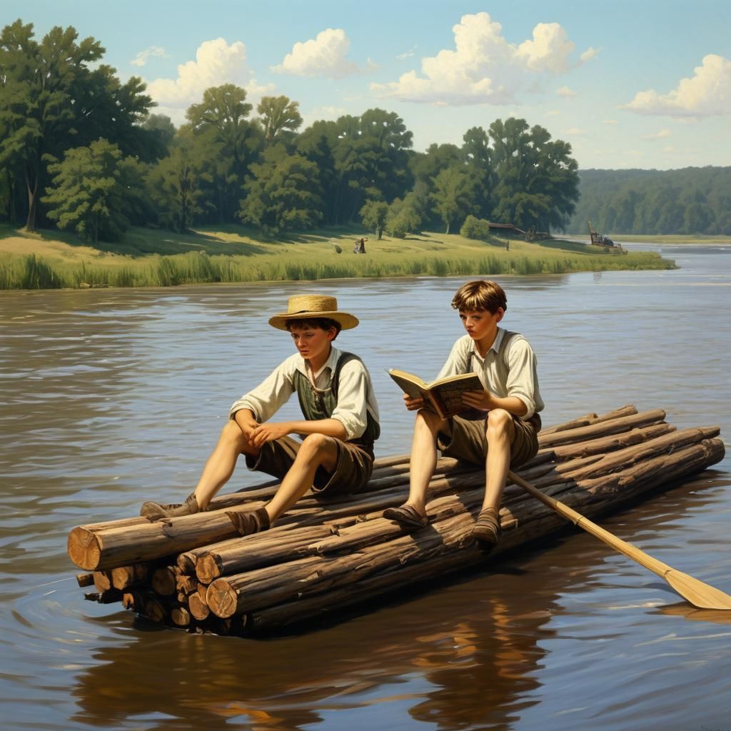 Huckleberry Finn and Tom Sawyer, riding on a homemade log ra...