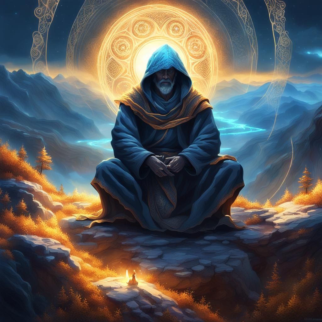 Ancient Sage Meditating on Mountain Summit in 3D