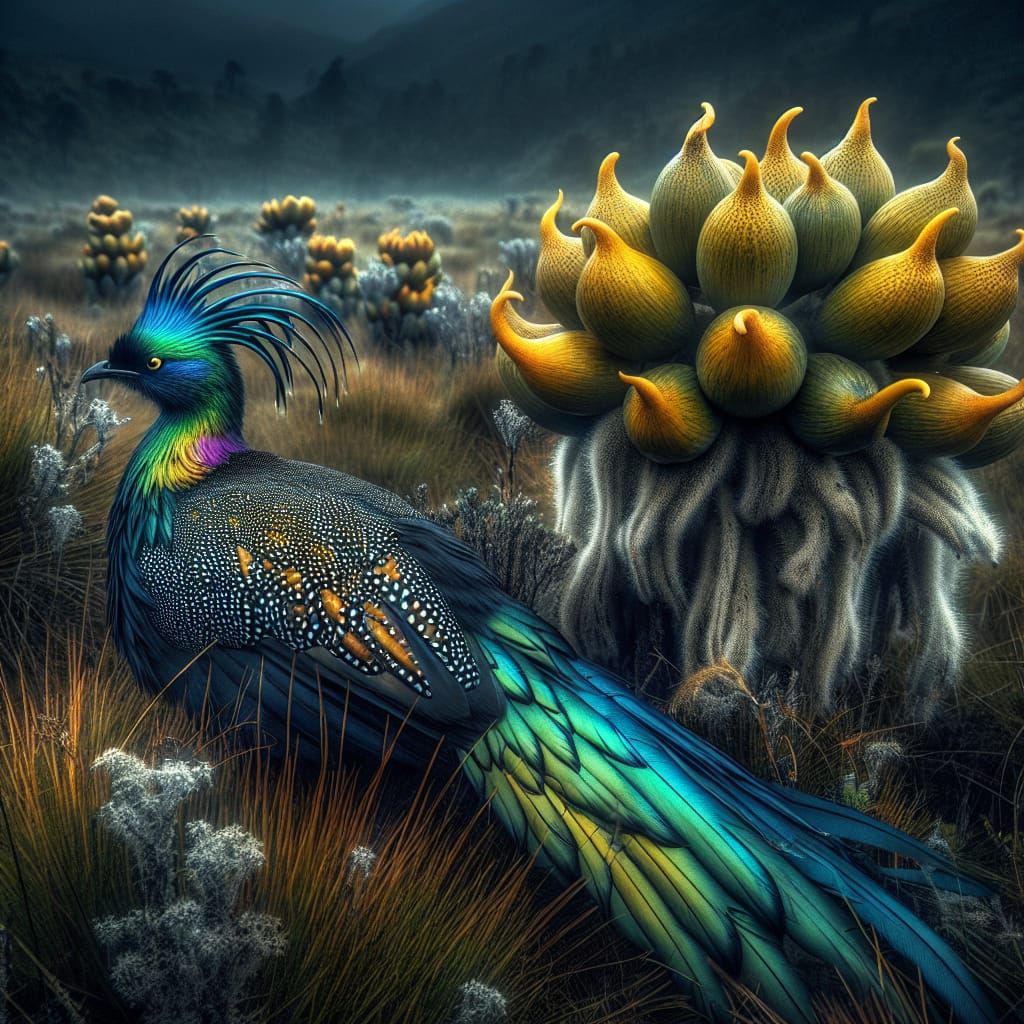 Iridescent Himalayan Monal Bird with Buddha's Hand Plants