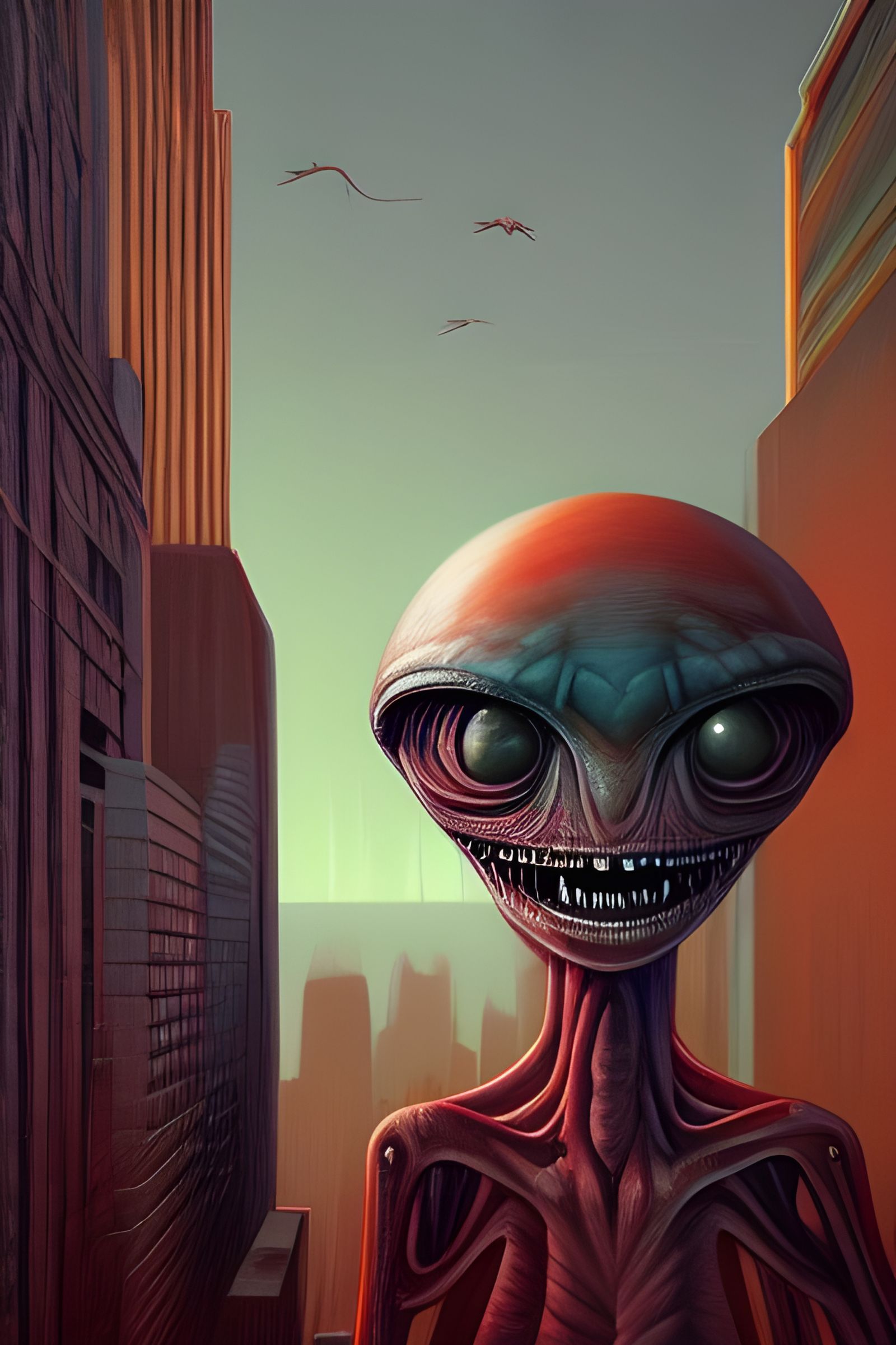 Smiling Alien in New York: Surreal Digital Art