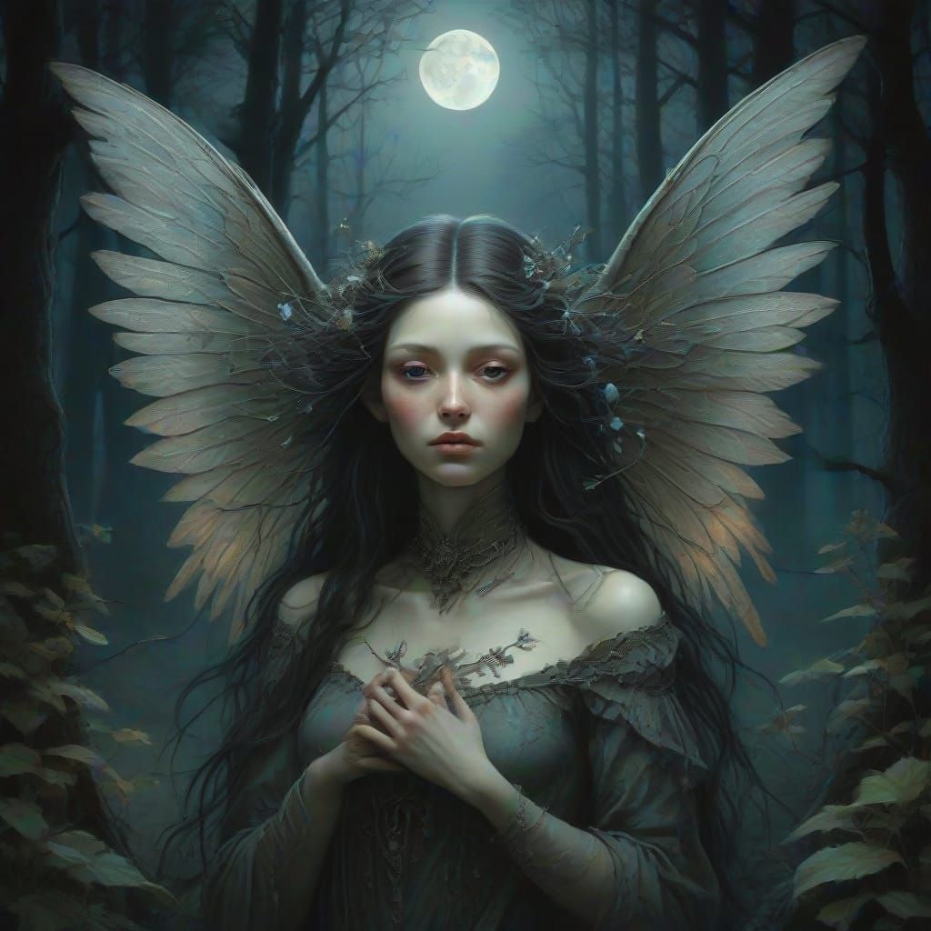 Ethereal Werewolf with Delicate Wings in Whimsical Fantasy A...