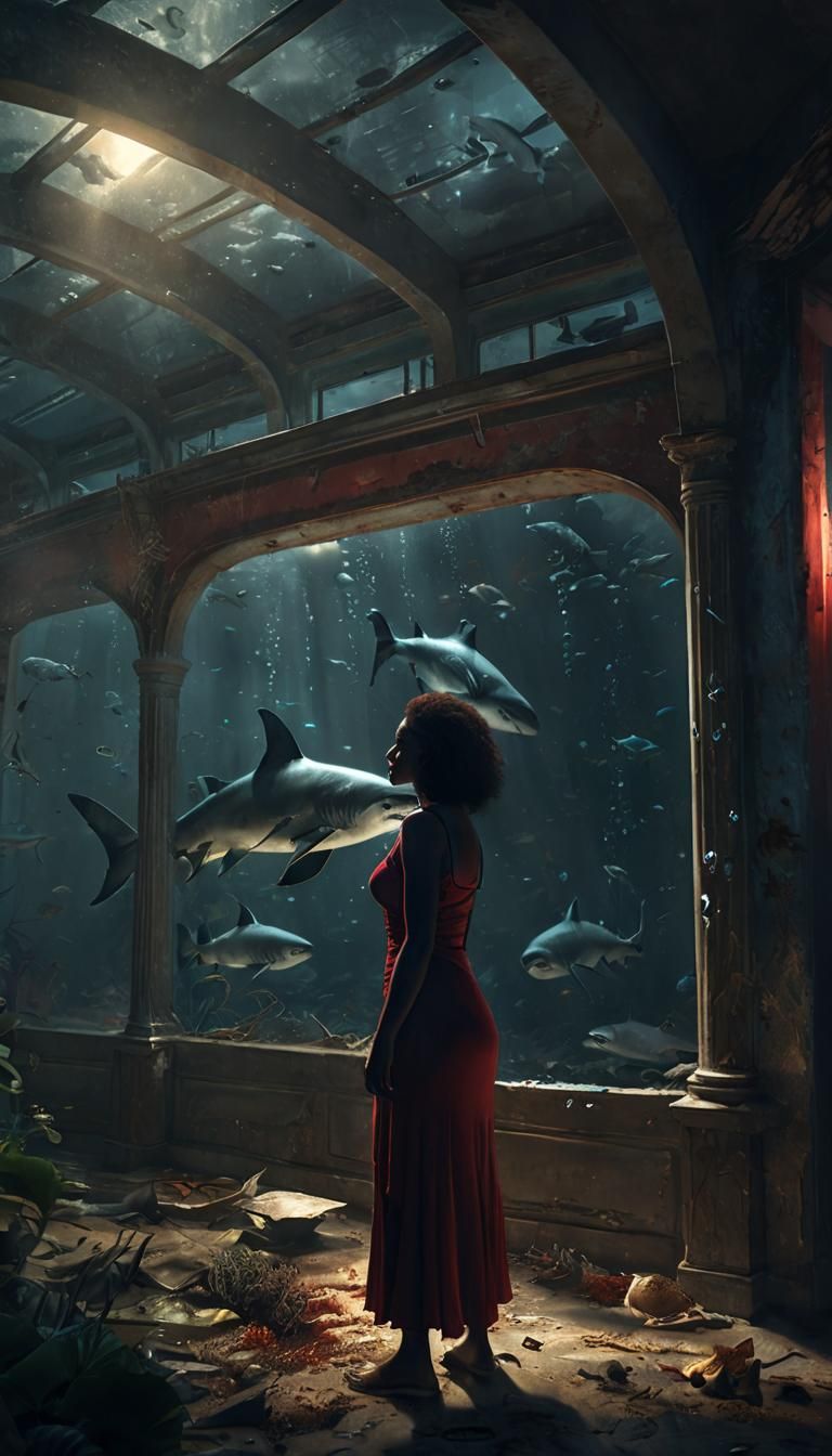 Creepy Abandoned Aquarium Scene in Dark Concept Art