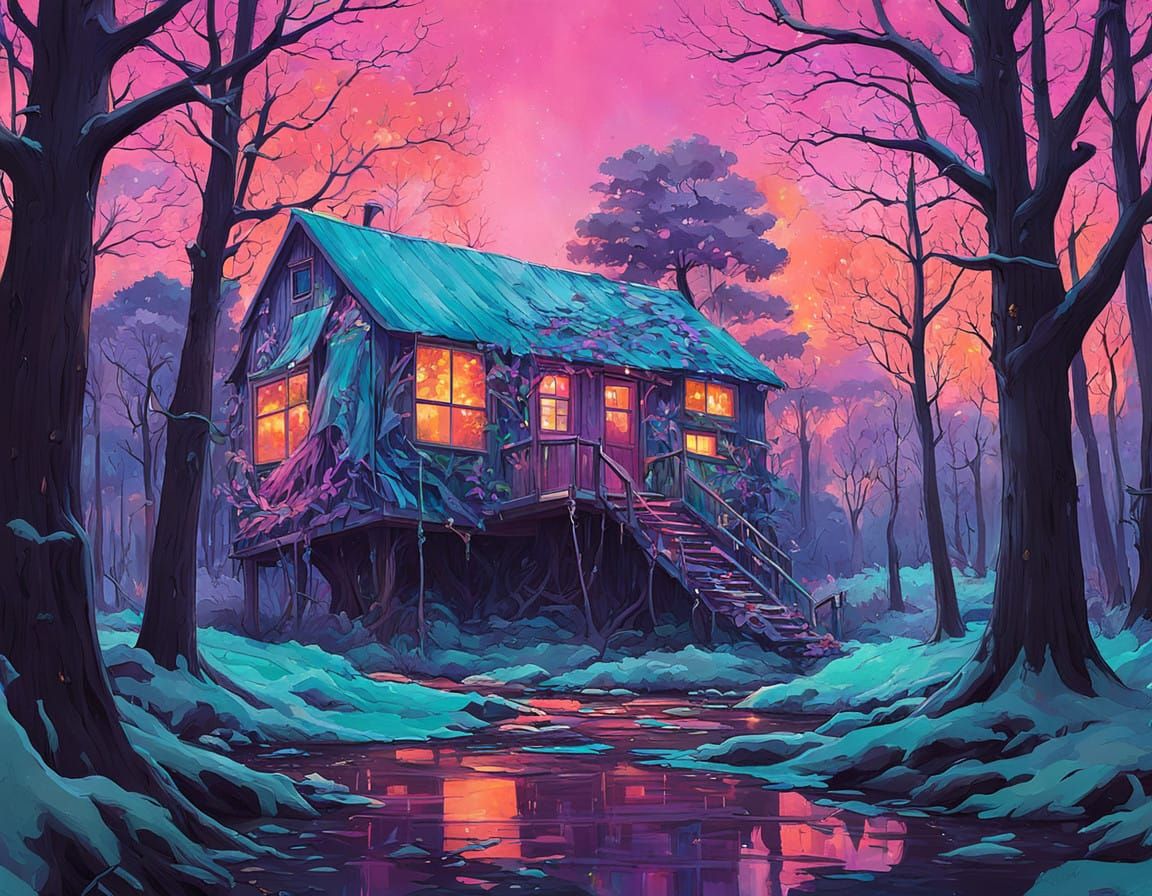 Vibrant Forest Under Kaleidoscope Sky