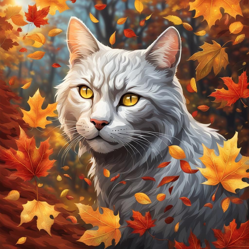 Silver Cat Playing in Autumn Leaves