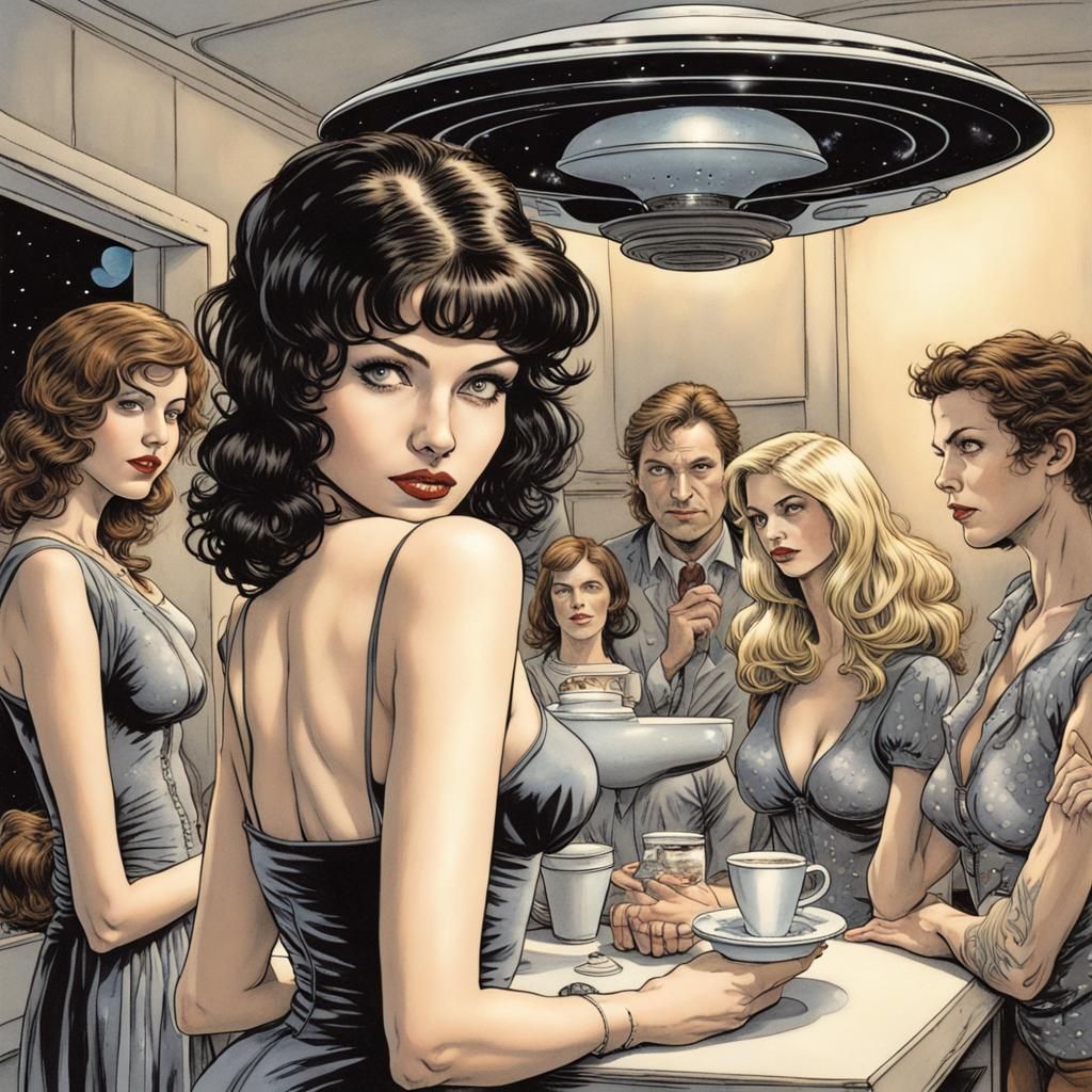 Woman Flirting with Aliens in Dark Fantasy Comic Style