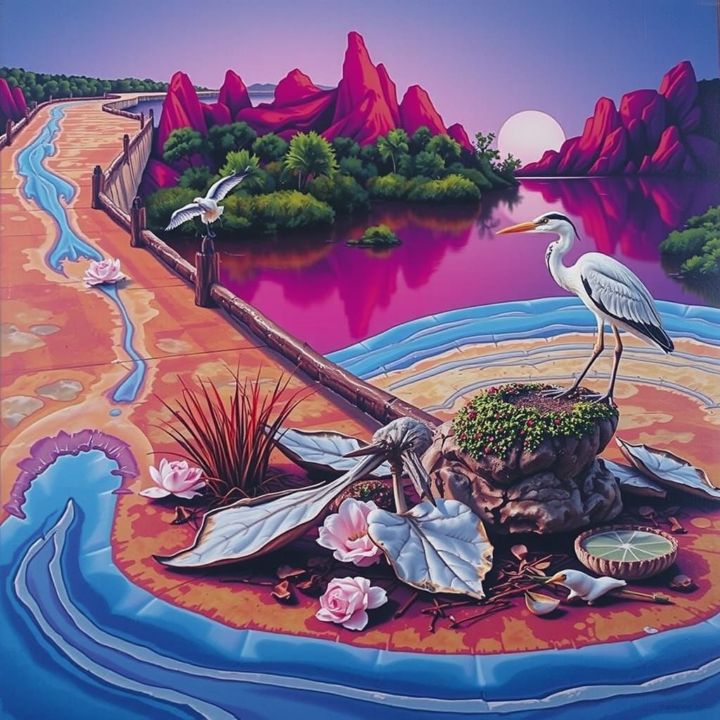 Hyperrealist River Delta at Sunset with Heron