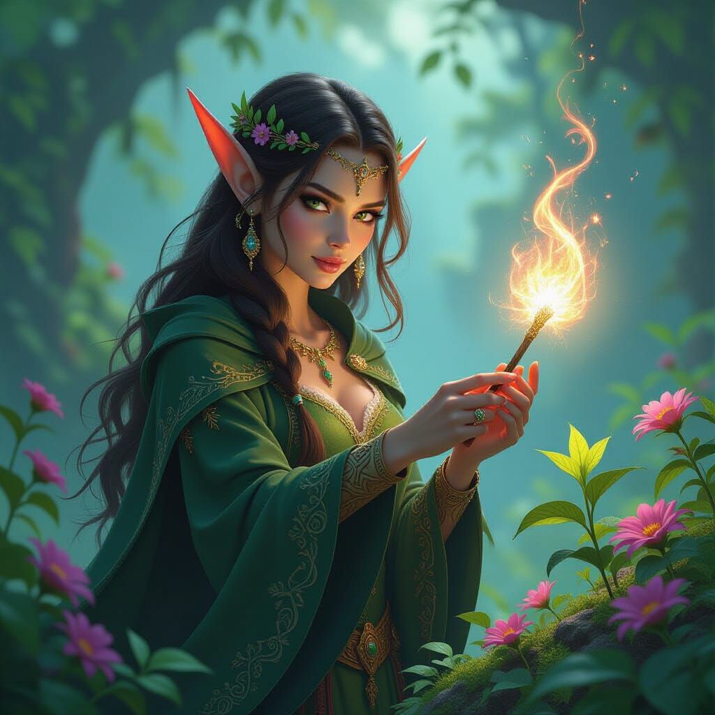 Elf Mage Conjures Magical Flora in Enchanted Forest
