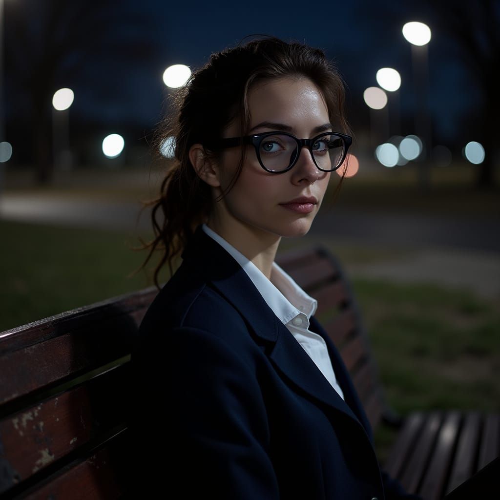 Hyper-Realistic Portrait of a Woman Lost in Thought at Midni...