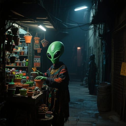 Gritty Afrofuturistic Alien Merchant in Dark Alley