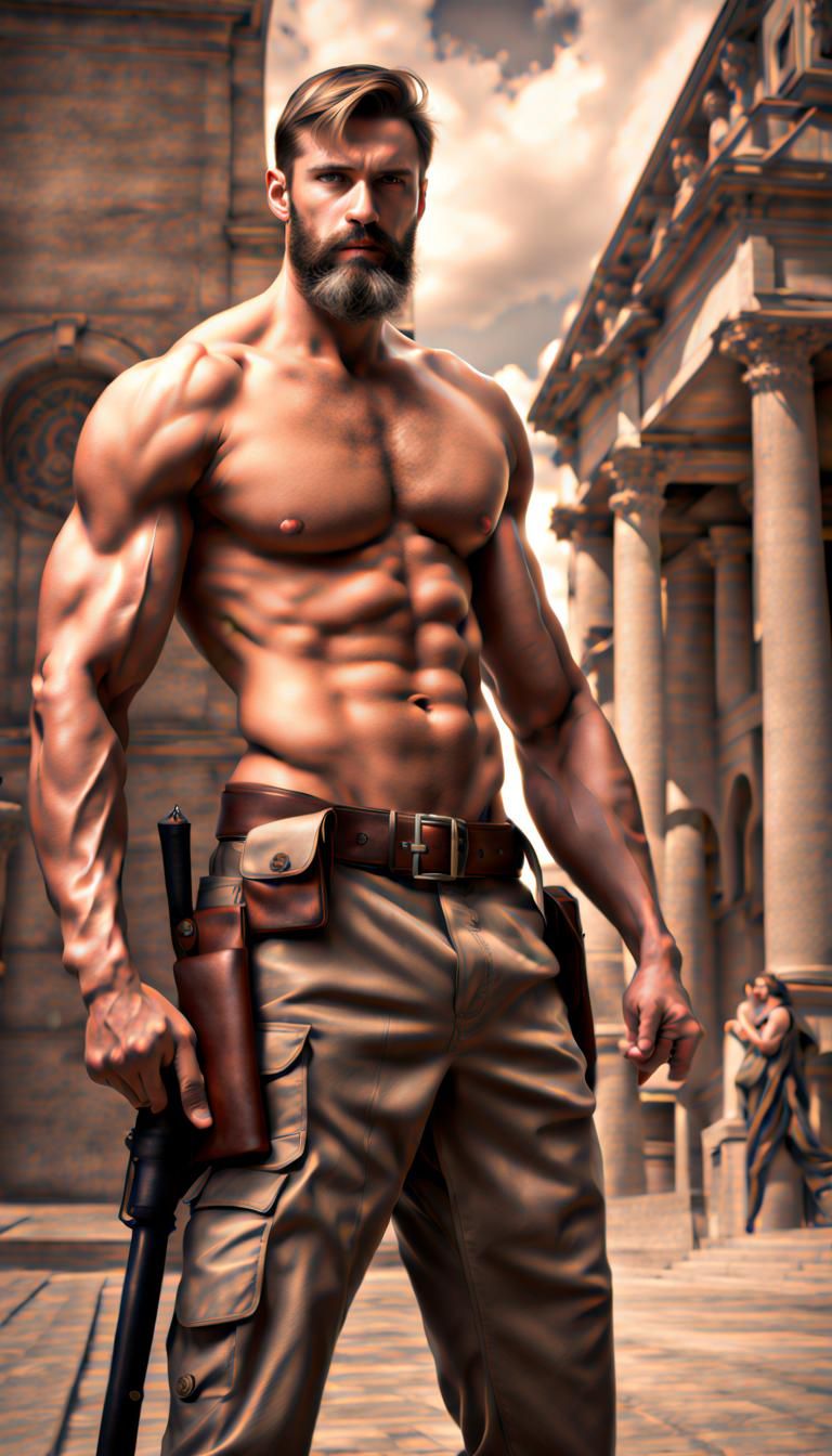 Muscular Guard Protecting Younger Man in Fantasy Setting