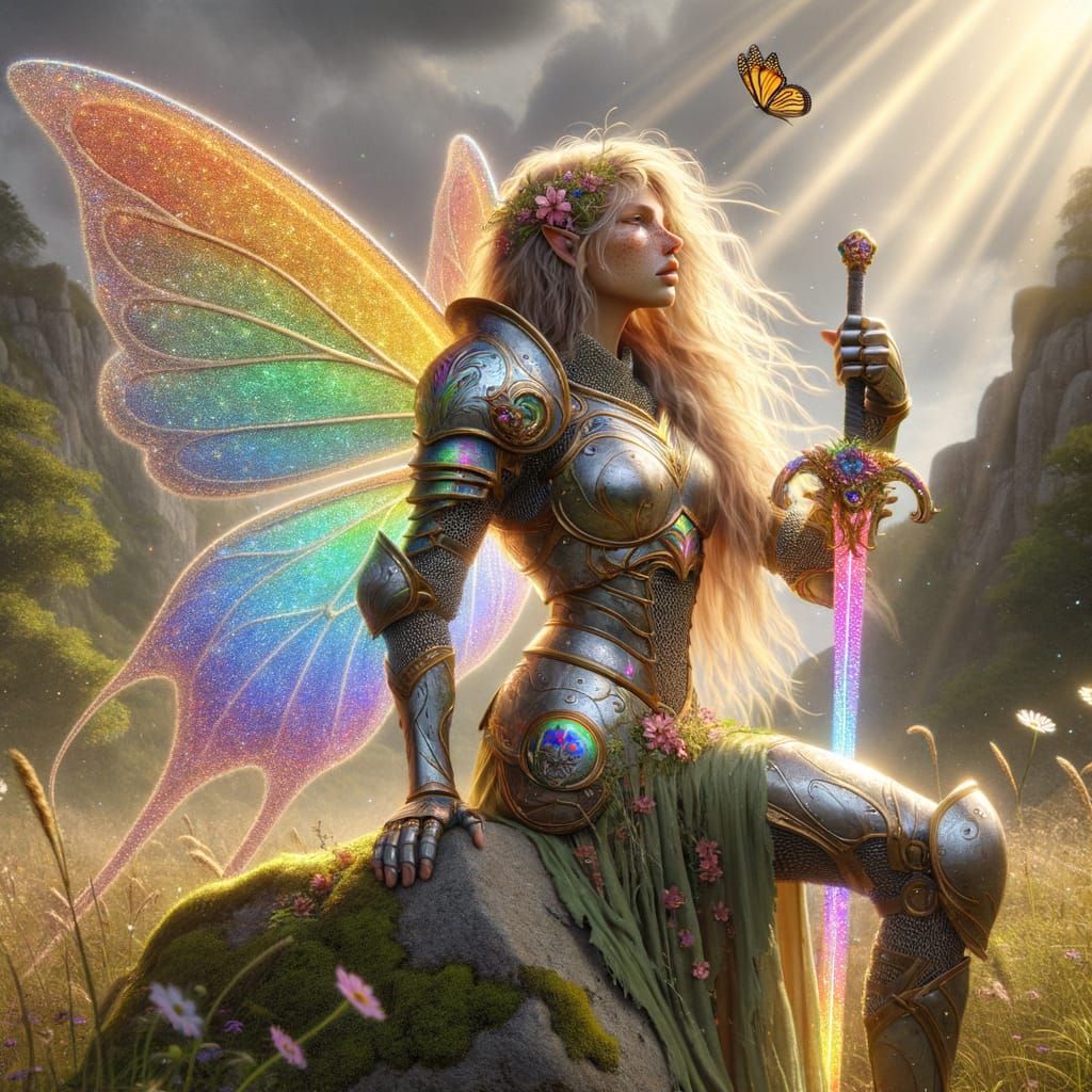 Fairy Paladin in Sunny Meadow: Romanticism Style