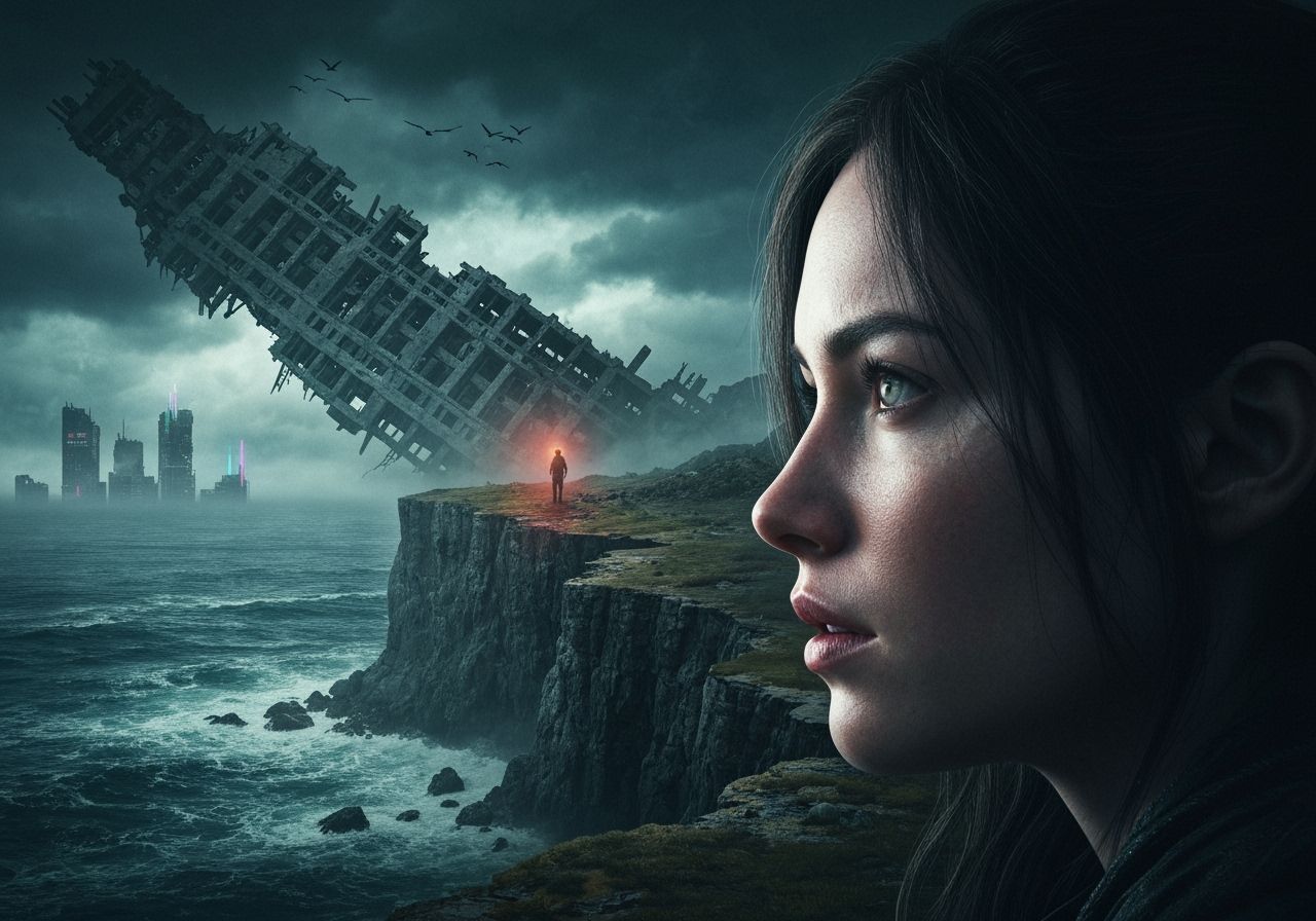 Woman Gazing at Stormy Sea on Crumbling Cliffside