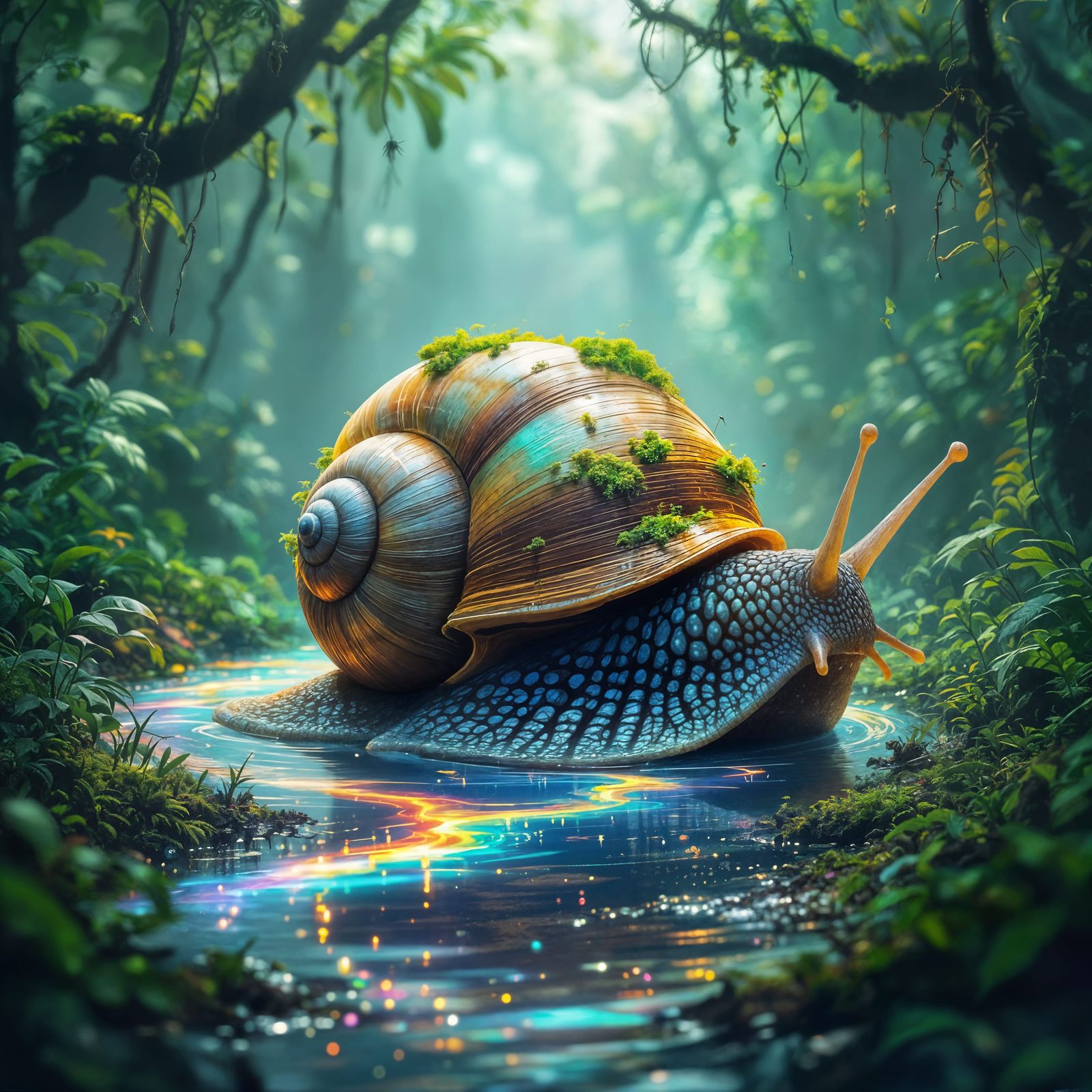 Bioluminescent Snail Gliding Through Alien Jungle