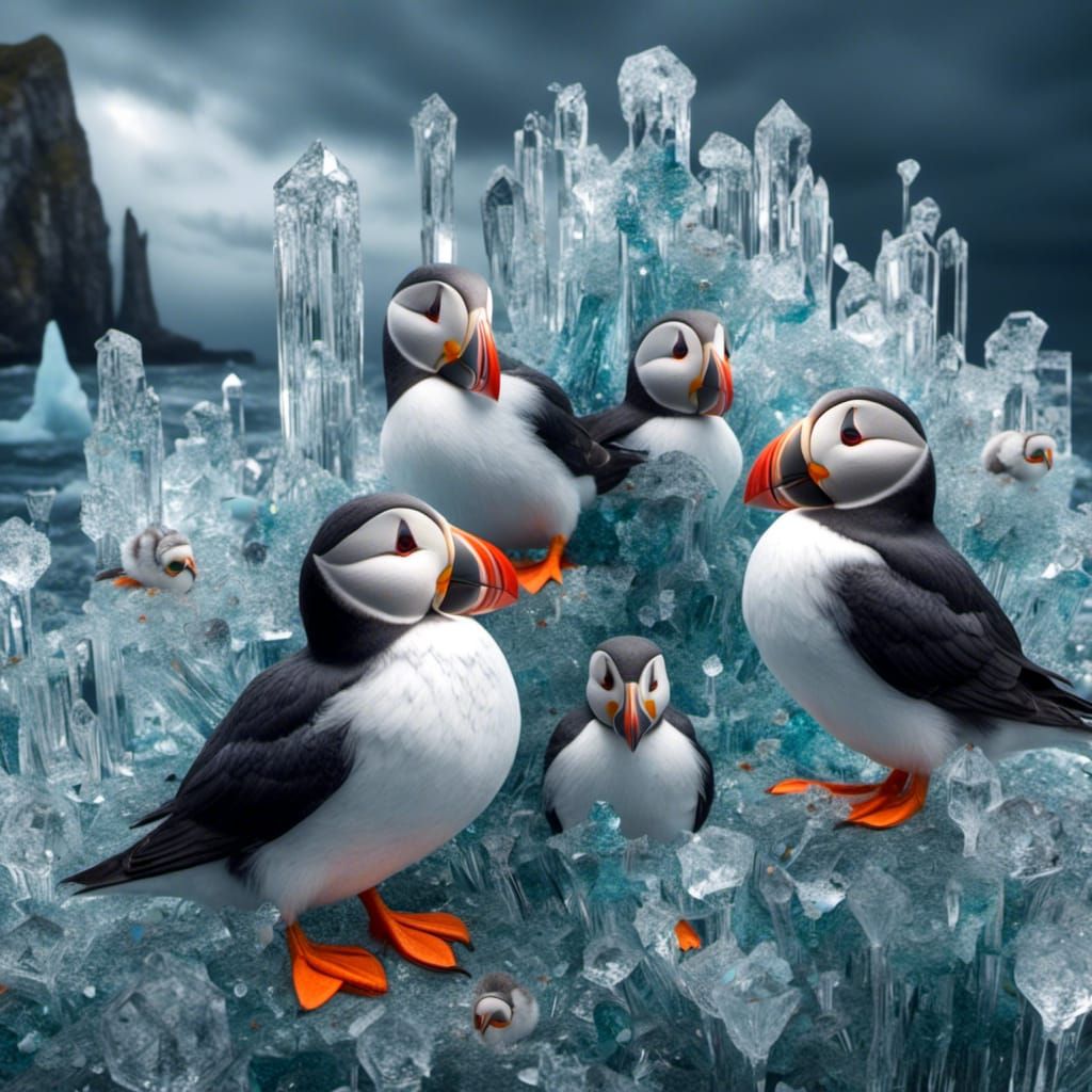 Puffins Nesting on Crystal Cliff in Stormy Weather