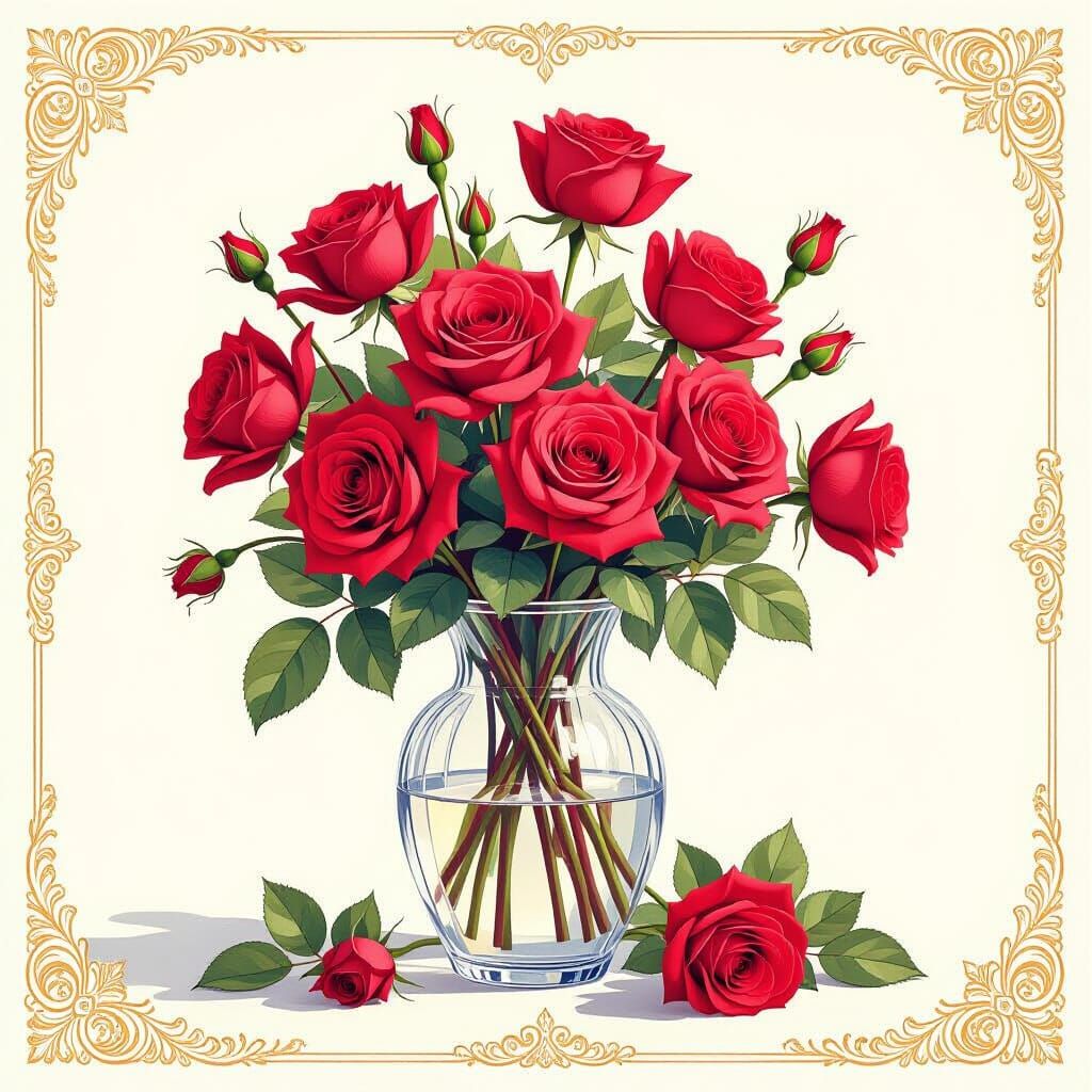 Red Roses in Crystal Vase: Watercolor Painting