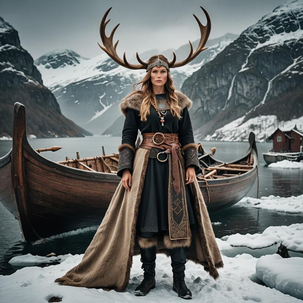 Viking Woman with Antlers in Snowy Fjord