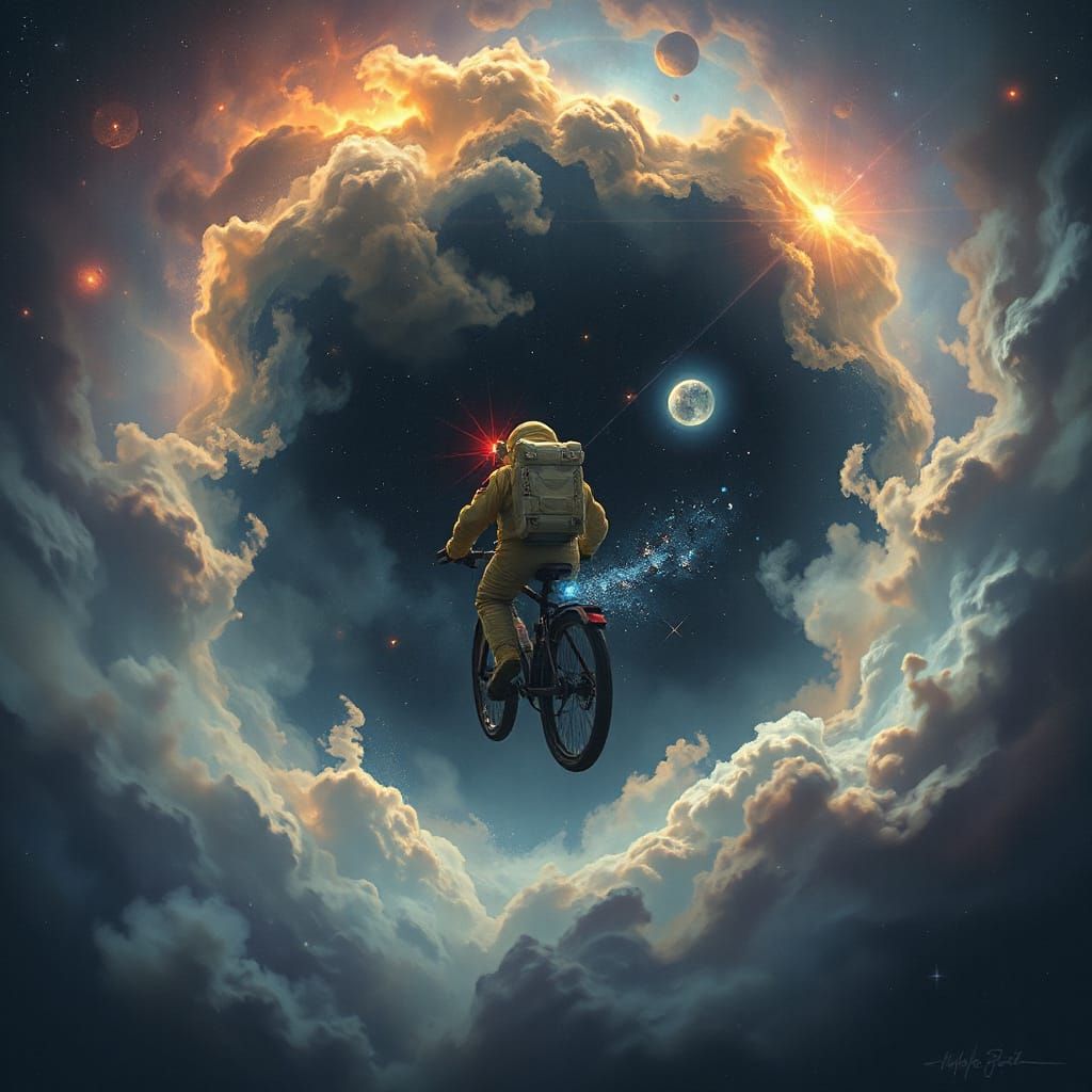 Astronaut Rides Cosmic Bike Through Nebula in Symbolist Styl...