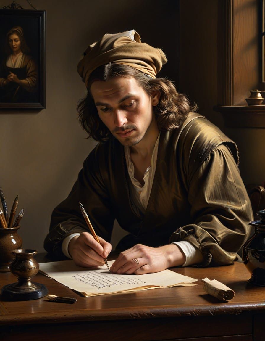 Man Writing with Quill in Vermeer Style