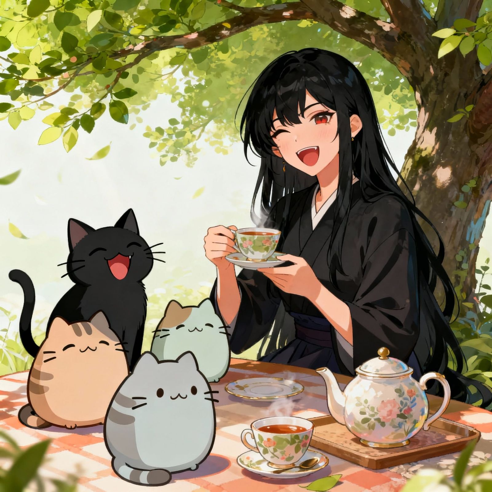 Anime Style Woman and Cat Enjoying Tea Under a Tree