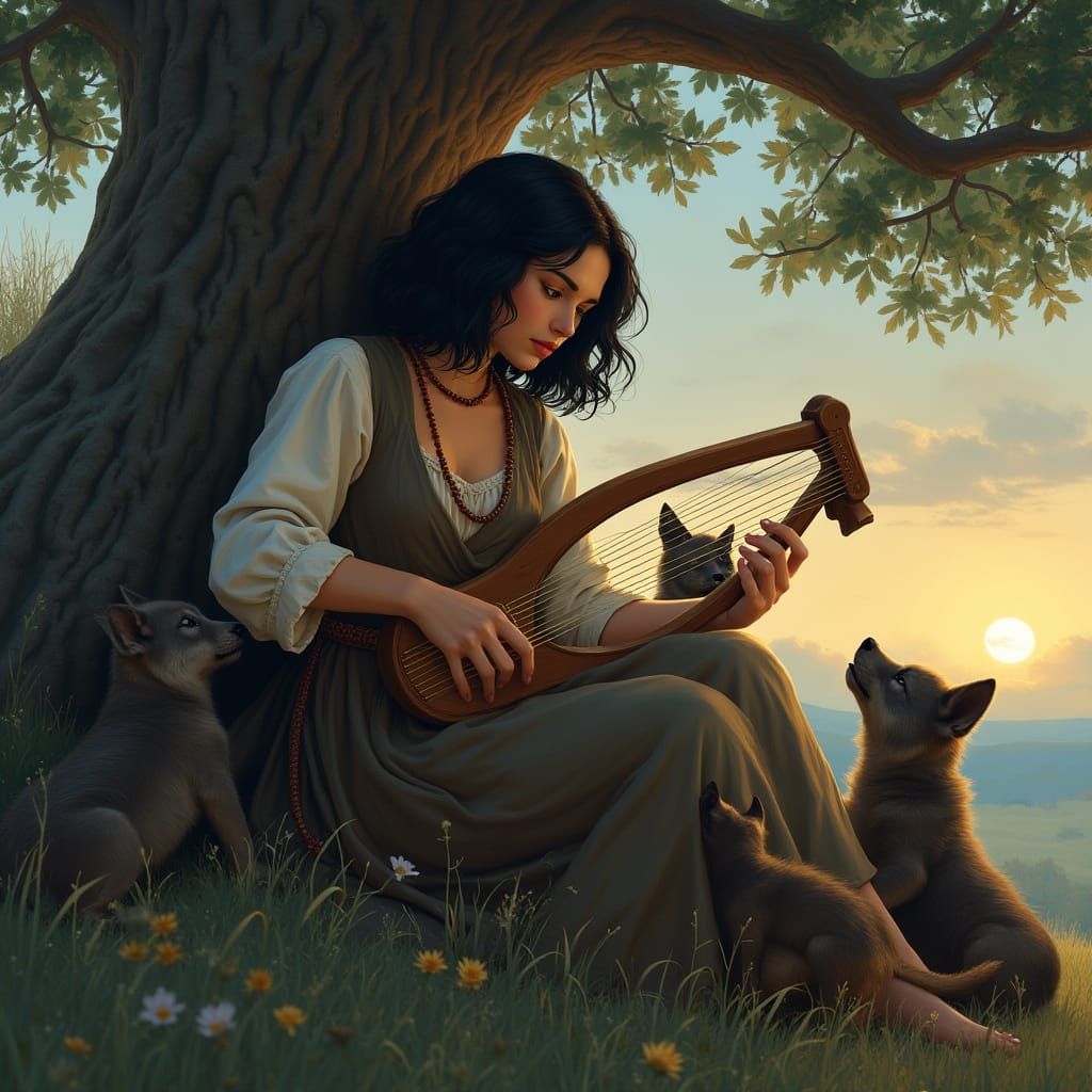 Woman with Lyre and Wolves in Hyper-Realistic Style