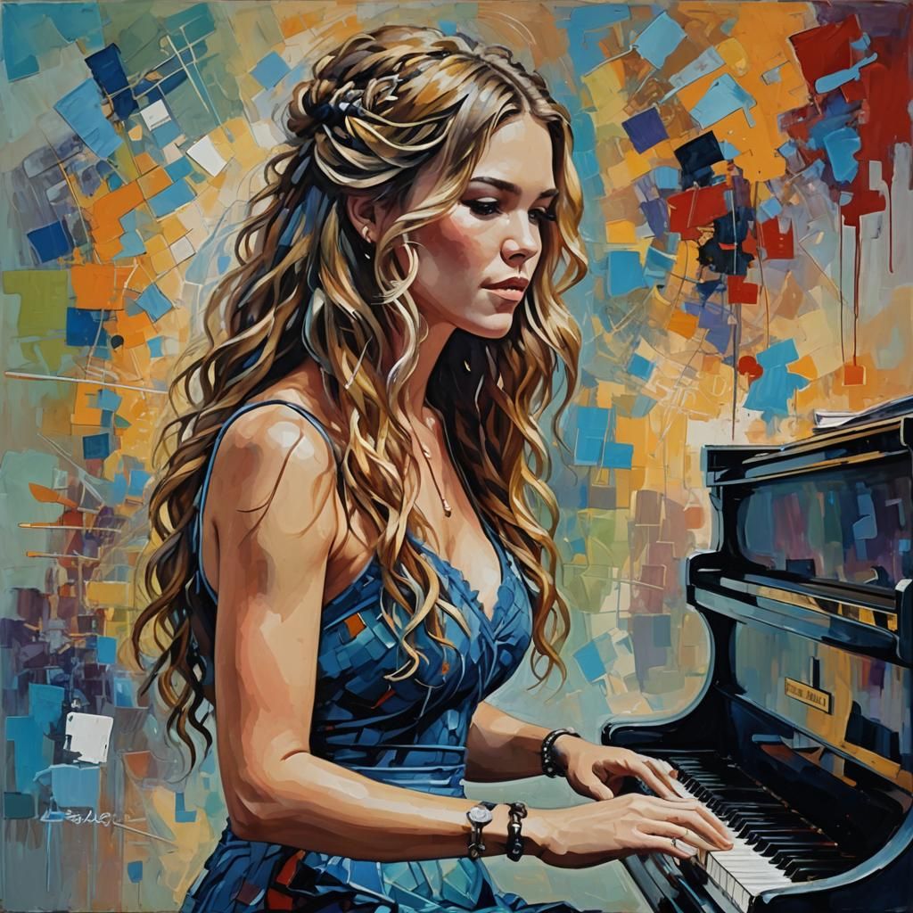 Joss Stone Playing Piano in Abstract Painting