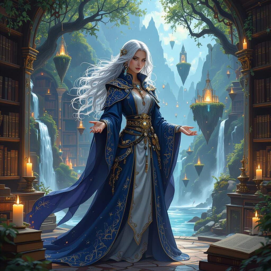 Enchanting Sorceress in a Magical Library: Fantasy Art