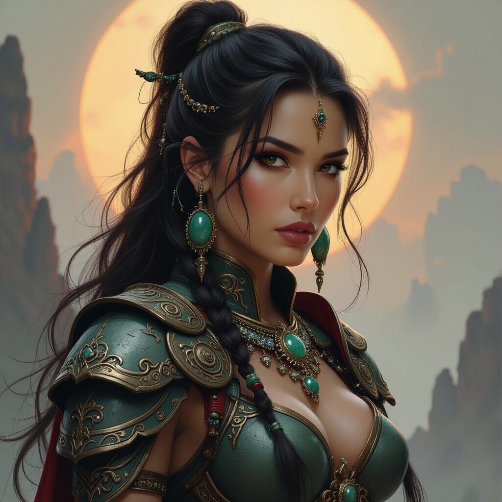 IronJade War Woman in Dark Fantasy Landscape