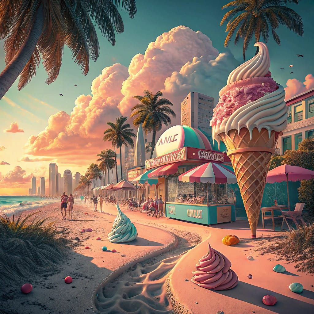 Miami Beachscape with Ice Cream in Matte Painting Style
