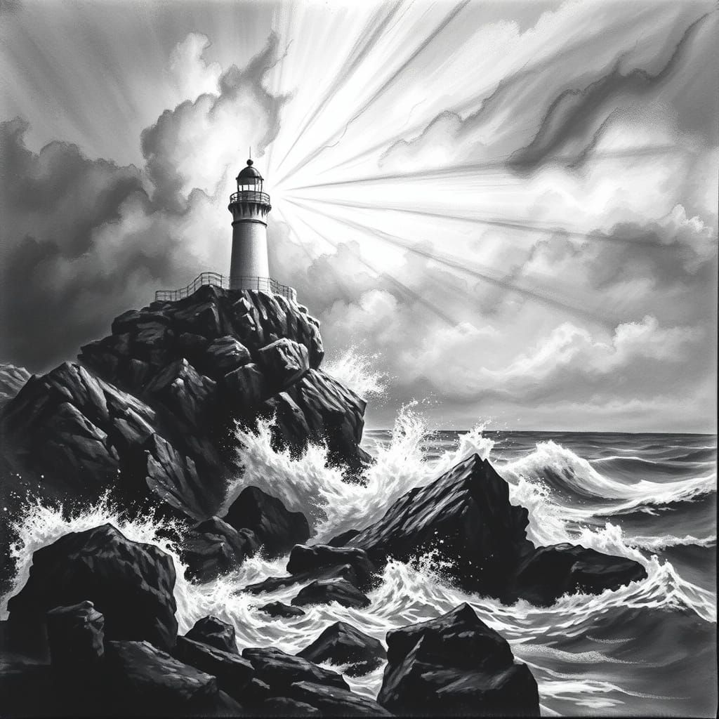 Ethereal Lighthouse on Turbulent Coastline in Charcoal Art