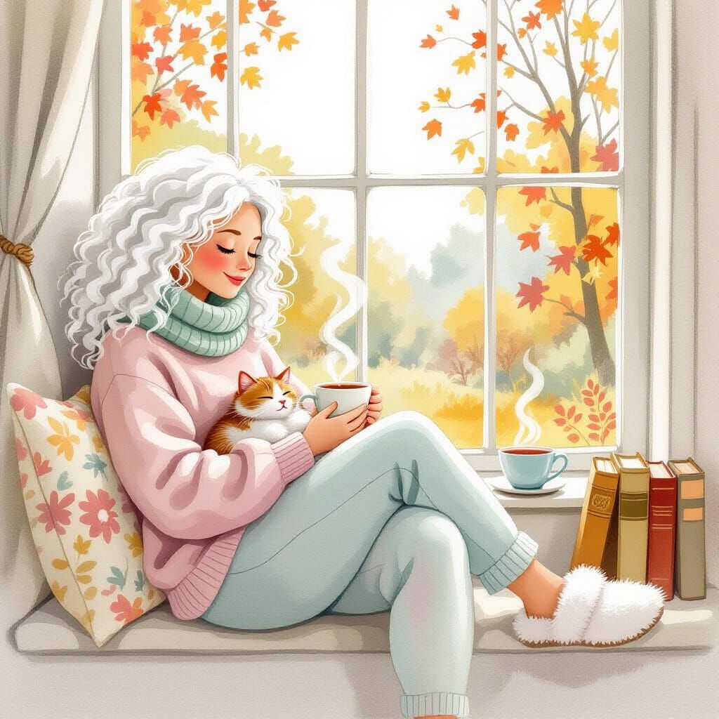 Cozy Woman with Cat and Tea in Whimsical Watercolor Style
