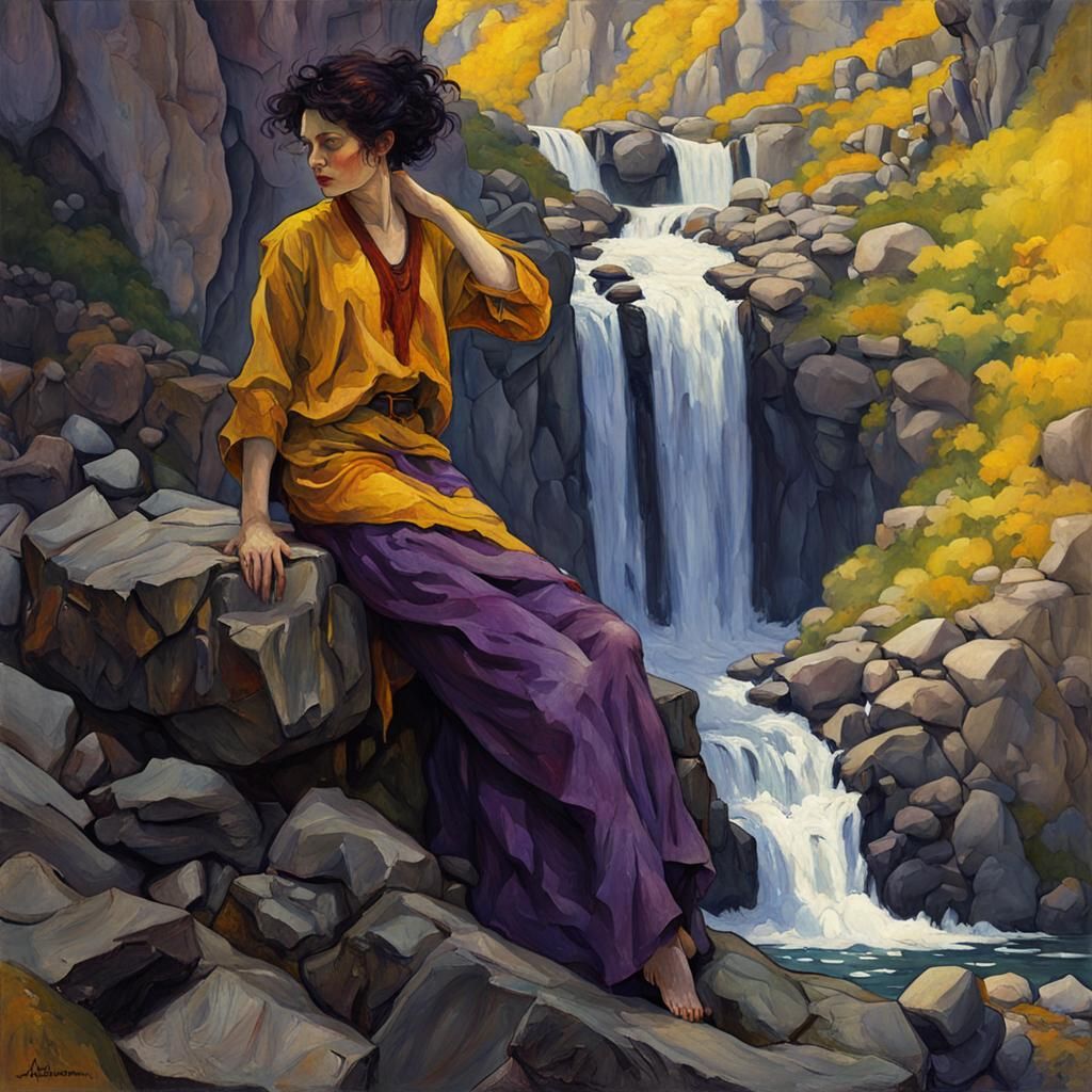Egon Schiele Style Woman by Waterfall Painting
