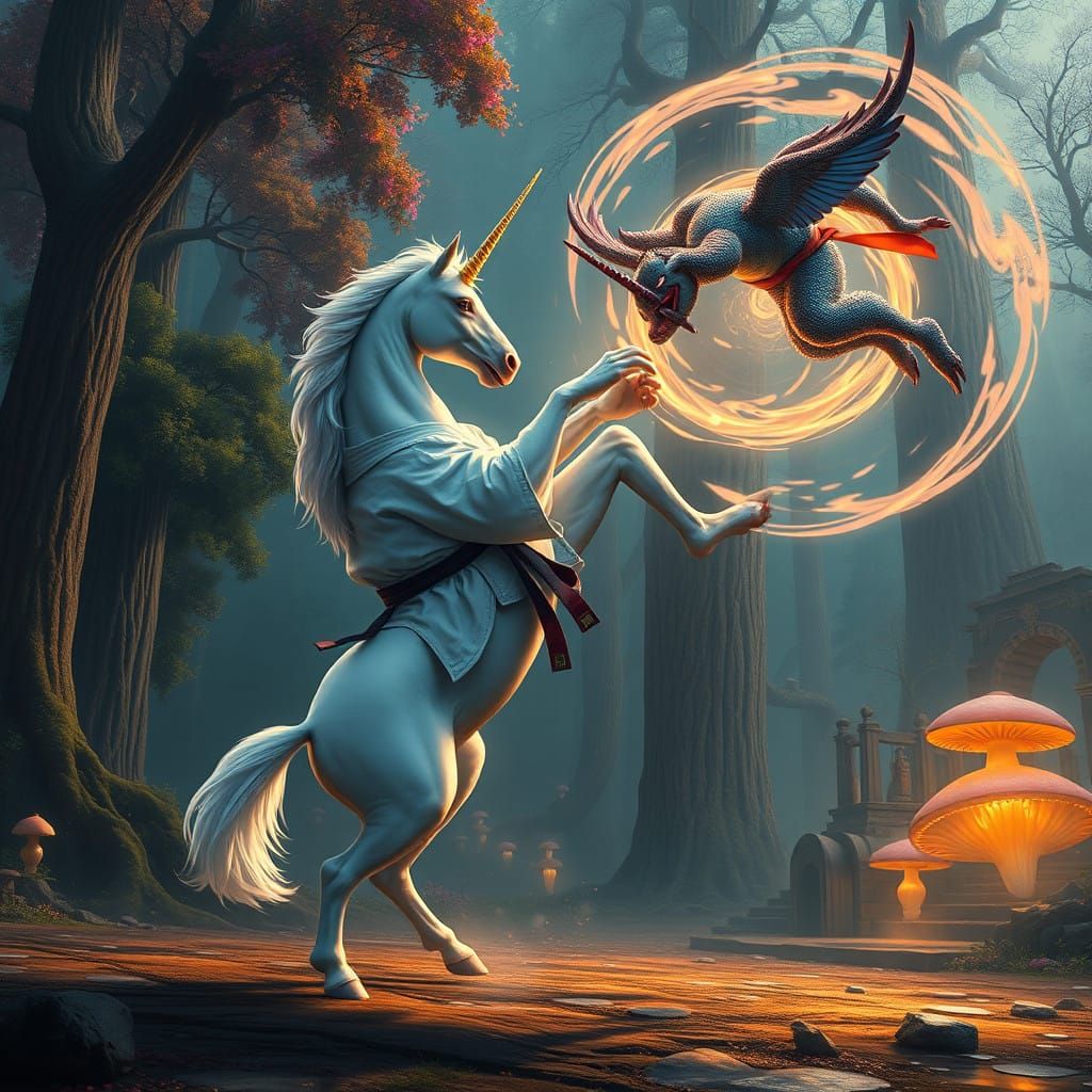 Majestic Unicorn Executes Perfect Judo Throw in Enchanted Fo...