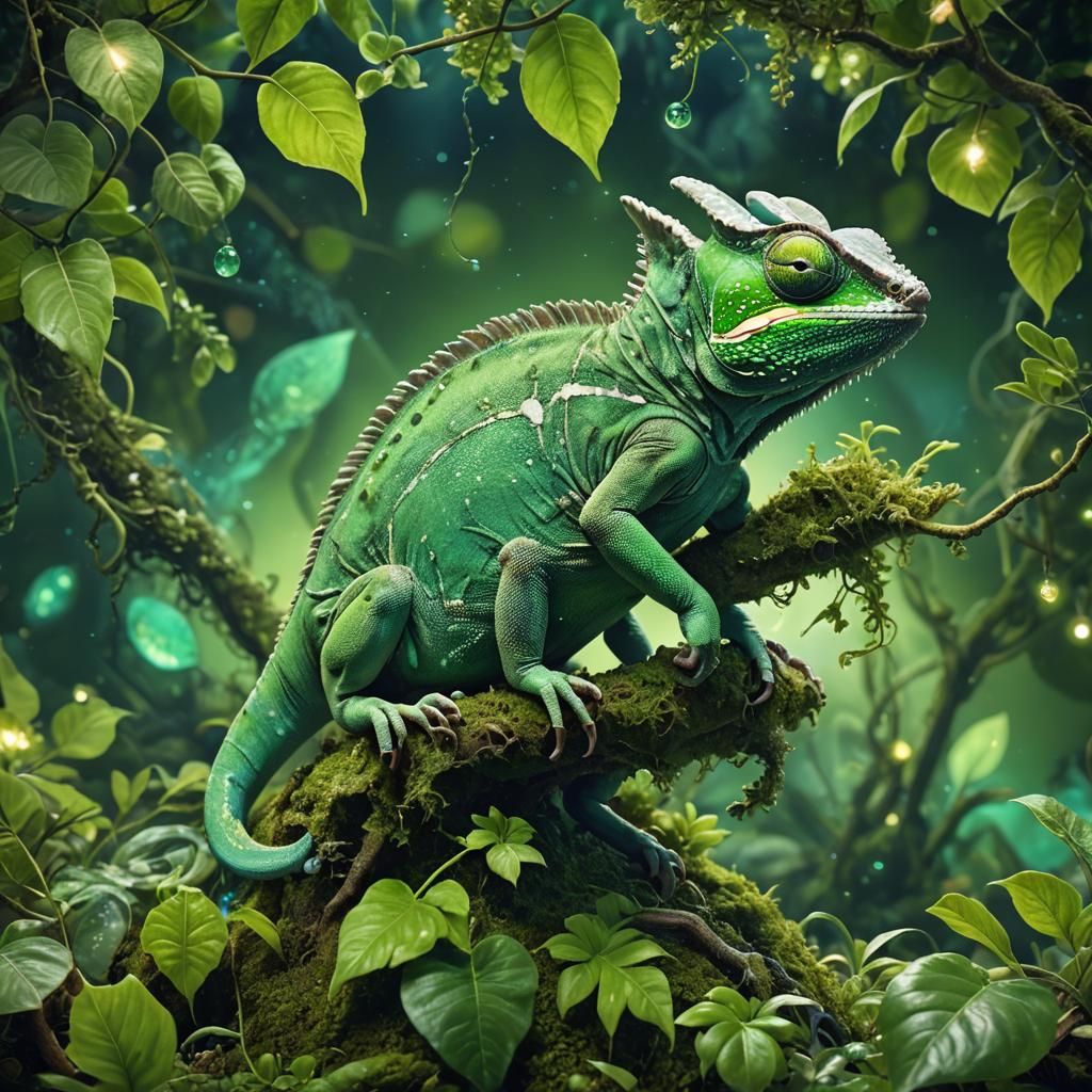 Green Chameleon on Green Planet: Surreal Digital Art