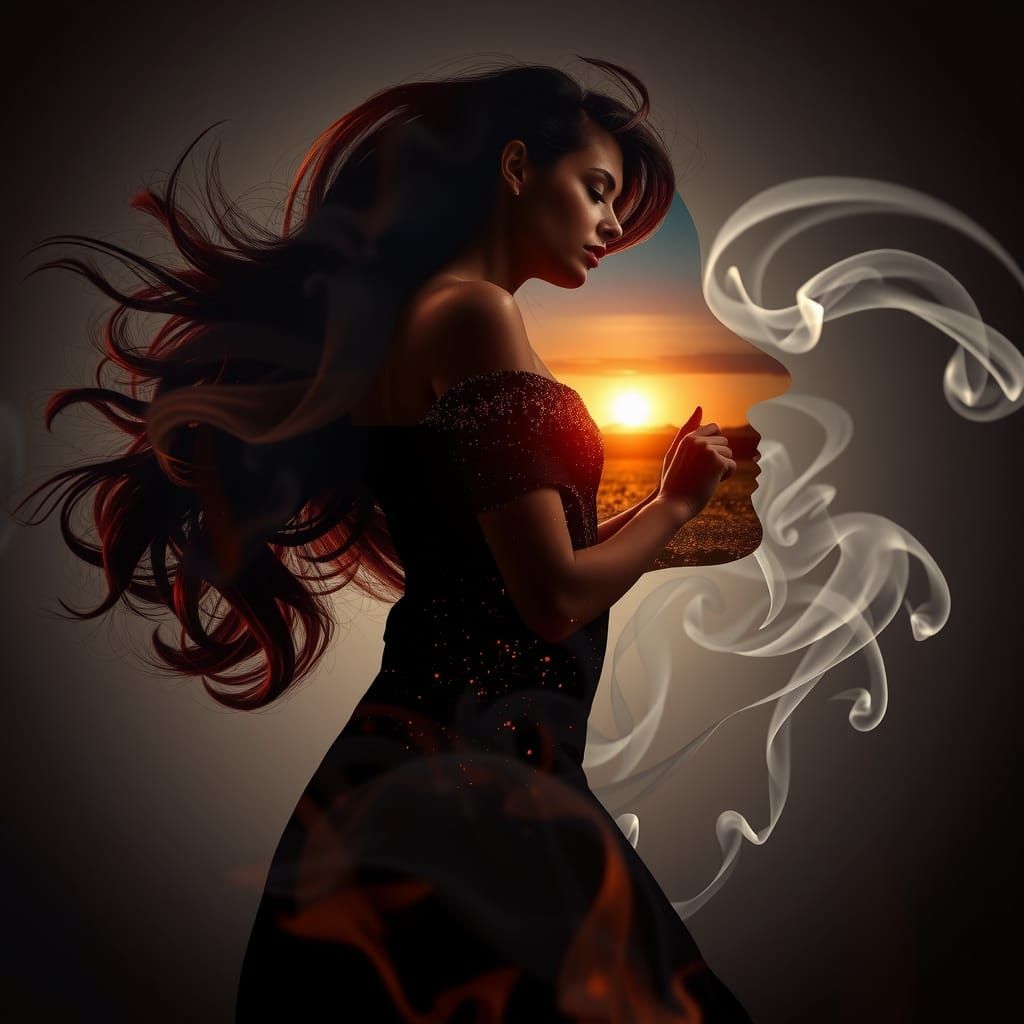 Double Exposure: Woman Dancing in Stardust Dress