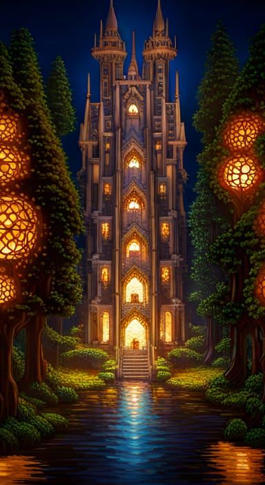 Minecraft Fairy Castle in Enchanted Pixel Art Forest
