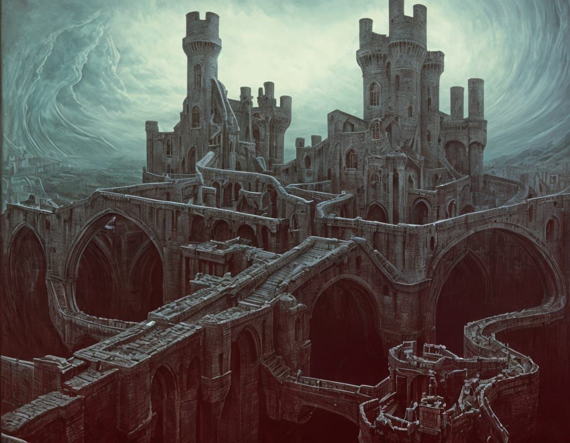 Surreal Castle with Drawbridges in Dark Surrealist Style