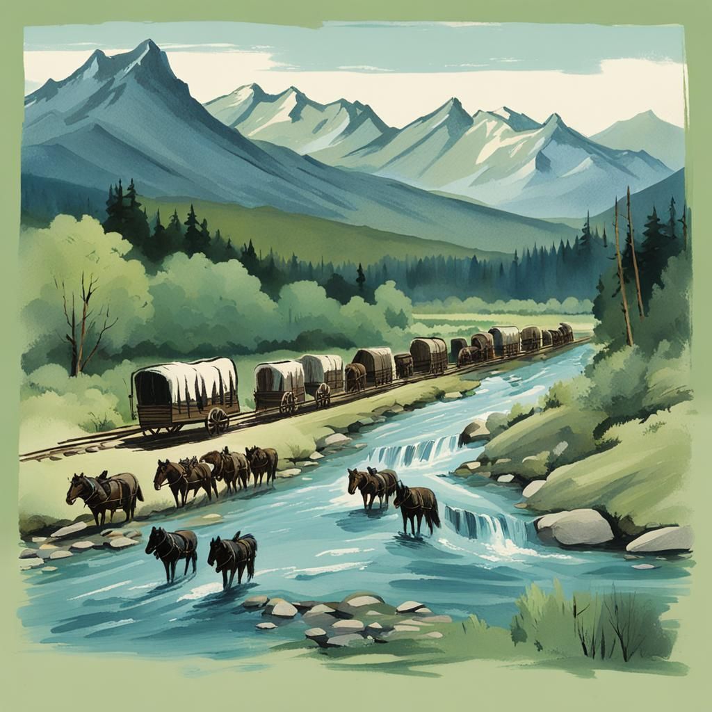Wagon Train Crossing River in 1820s Style