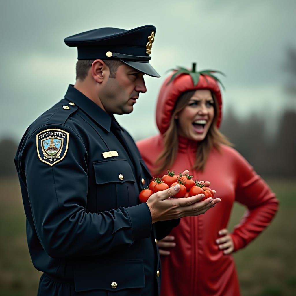 Surreal Policeman Confronts Fuming Tomato Goddess