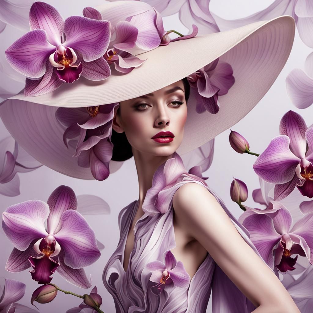 Elegant Orchid Lady: Hyperrealistic Art Nouveau Portrait