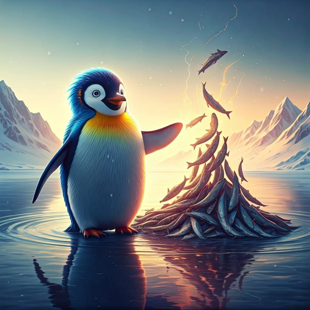Telekinetic Penguin Conquers Icy Tundra with Vibrant Aura an...