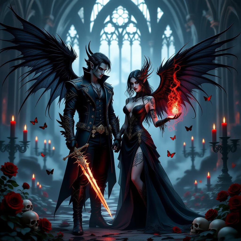 Gothic Fae Couple in Ruined Cathedral Artwork