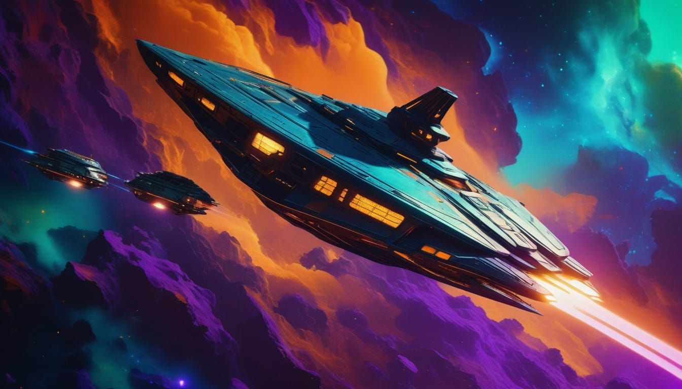 Cyberpunk Nomad Star Ship in Vibrant Nebula