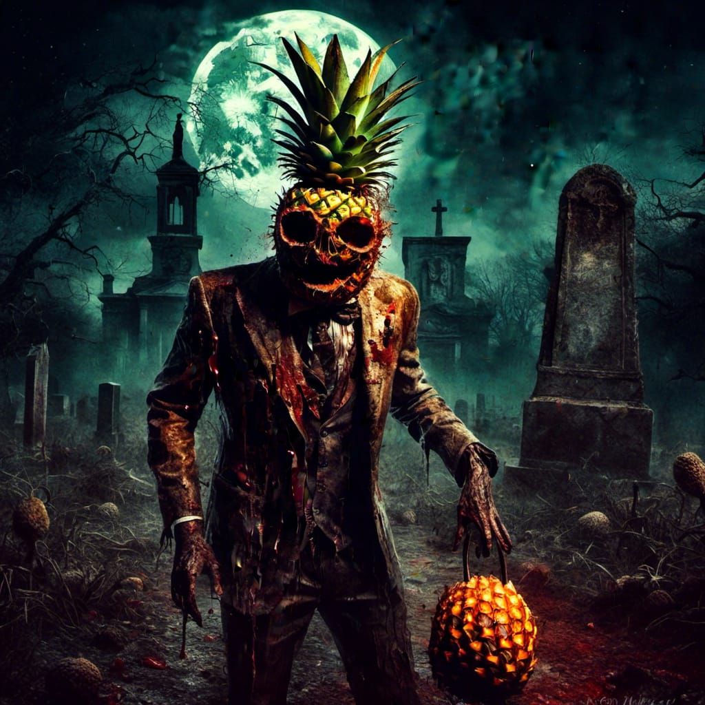 Macabre Pineapple Zombie Monster in Cemetery