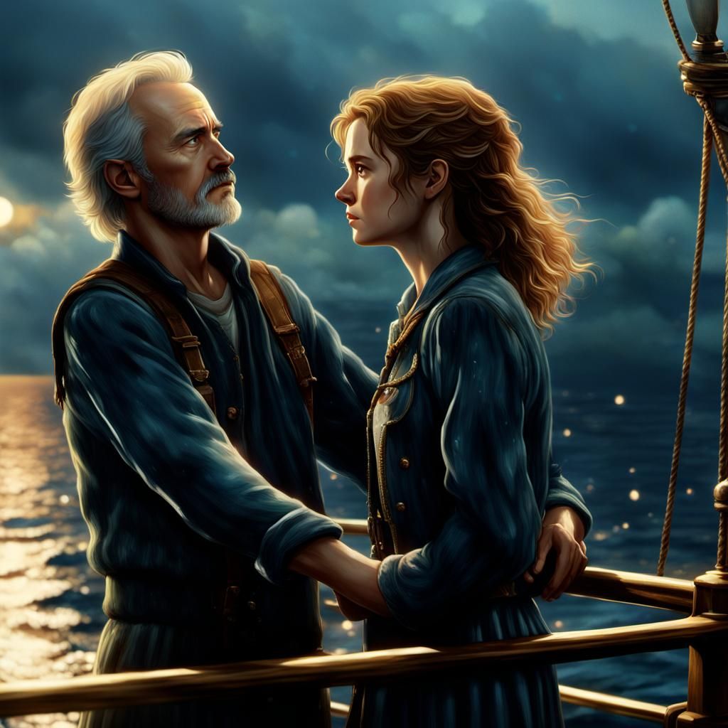 Lovers Embrace on Ship in Golden Sunlight