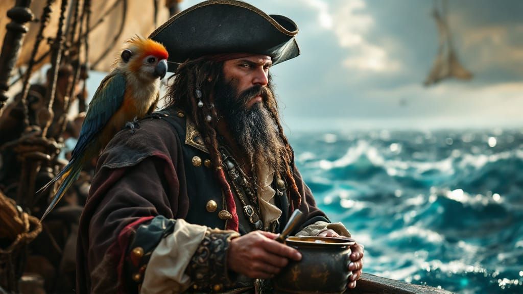 Blackbeard Surveys Ocean on Ship with Diverse Crew