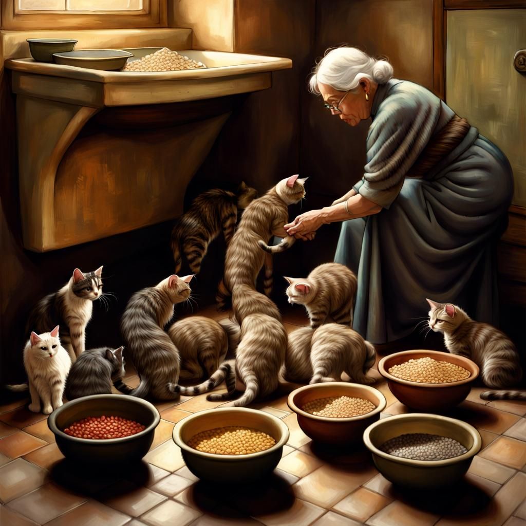 Elderly Woman Feeding Impatient Cats in 3D