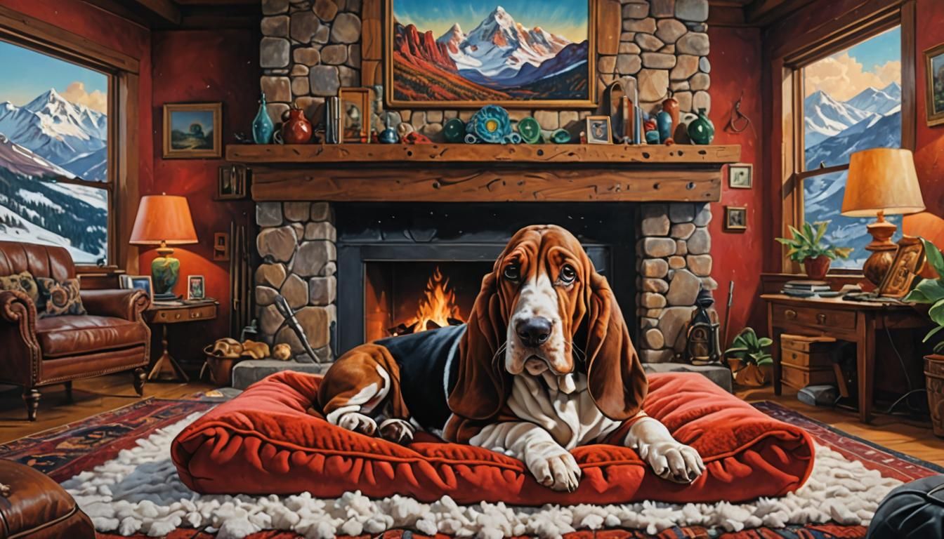 Basset Hound Puppy in 1970s Living Room