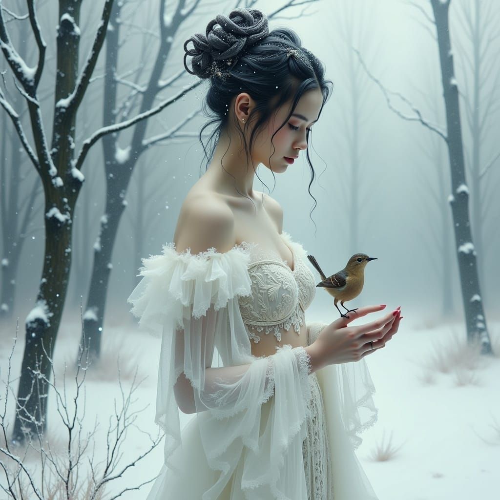 Ethereal Woman in White Gown with Bird